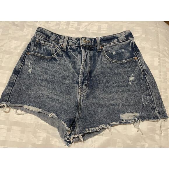 Wild Fable Blue Jean Short Shorts Size 10 High Rise Button Up Raw Hem Distressed - Picture 1 of 7